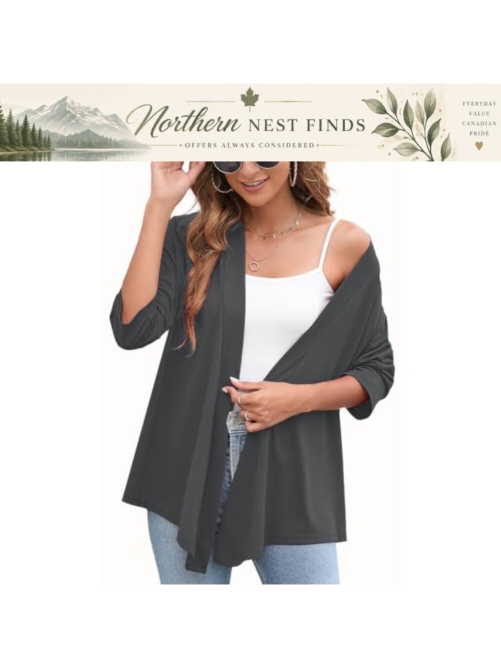 Lightweight Draped Open Front Cardigan 3/4 Sleeve Ragged Hem Flowy